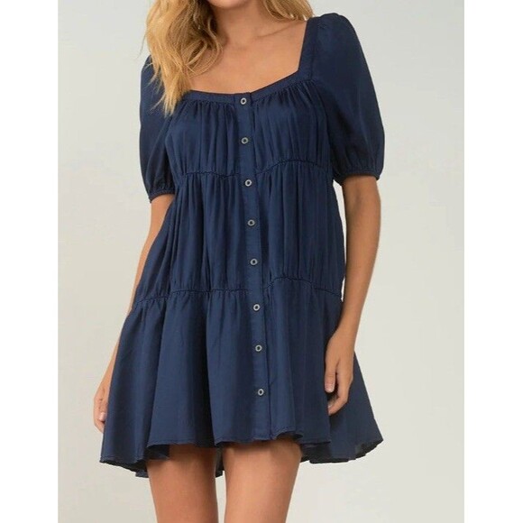 Elan Designer Navy NWT Blue Puff Sleeve Baby Doll Dress Womans Small Square Neck - Picture 1 of 9